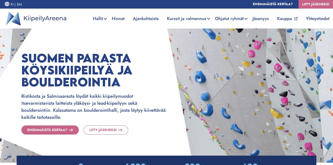 Kiipeilyareenan verkkosivun näkymä